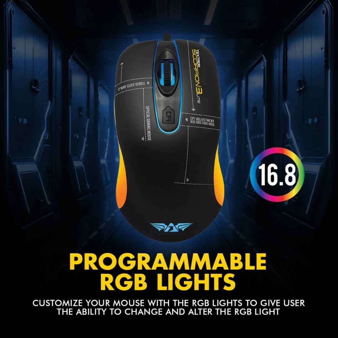 Armaggeddon Textron Scorpion 3 Lite Gaming Mouse | Ambidextrous Design | 200–12800 CPI | 3 Buttons + 2-Way Scroll | Pragrammable RGB Lights - Image 3