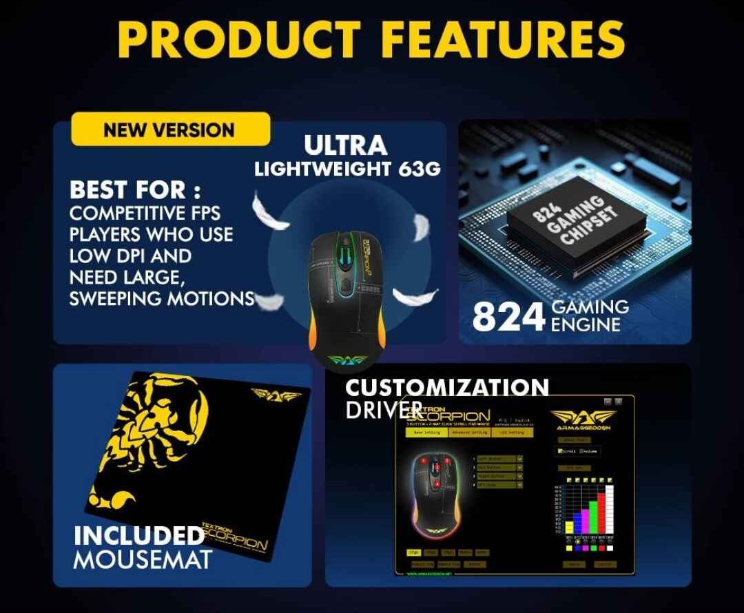 Armaggeddon Textron Scorpion 3 Lite Gaming Mouse | Ambidextrous Design | 200–12800 CPI | 3 Buttons + 2-Way Scroll | Pragrammable RGB Lights - Image 4