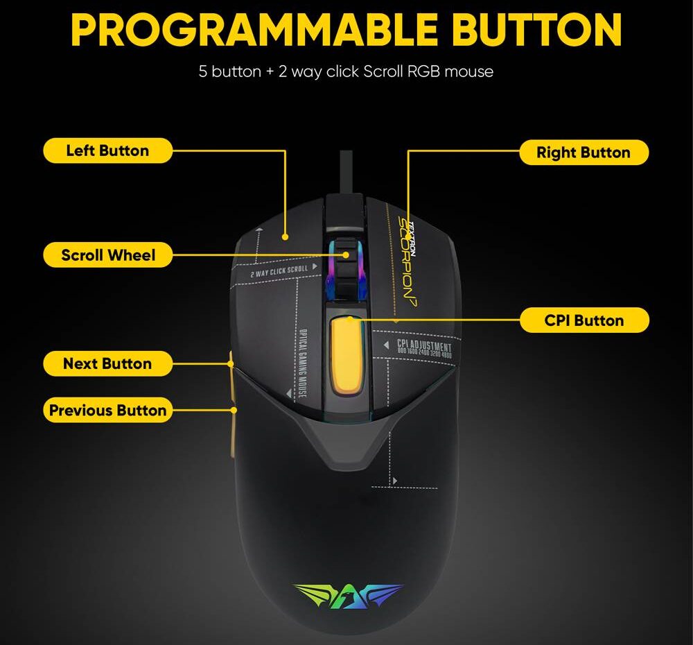 Armaggeddon Textron Scorpion 7 Lite Gaming Mouse | Ambidextrous Design | 200–12800 CPI | 5 Buttons + 2-Way Scroll | 16.8 Million RGB Lights - Image 3