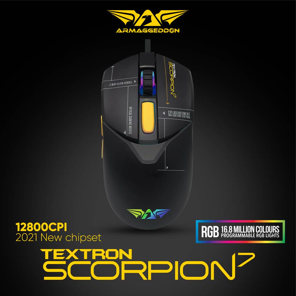 Armaggeddon Textron Scorpion 7 Lite Gaming Mouse | Ambidextrous Design | 200–12800 CPI | 5 Buttons + 2-Way Scroll | 16.8 Million RGB Lights - Image 2