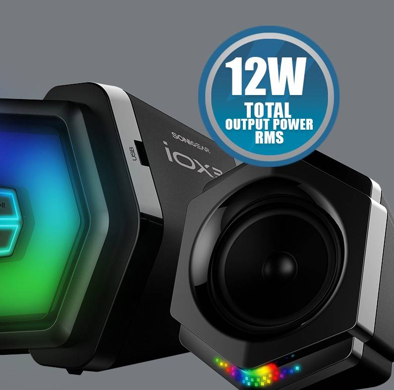 SonicGear IOX 3 2.1 Channel Bluetooth Speaker | 12W RMS Total Power | Bluetooth 5.0, Aux-In, USB & FM Radio | RGB Lighting Effect | Enhanced Bass Design | 45Hz - 18kHz Frequency Response | USB 5V Powered - Image 2
