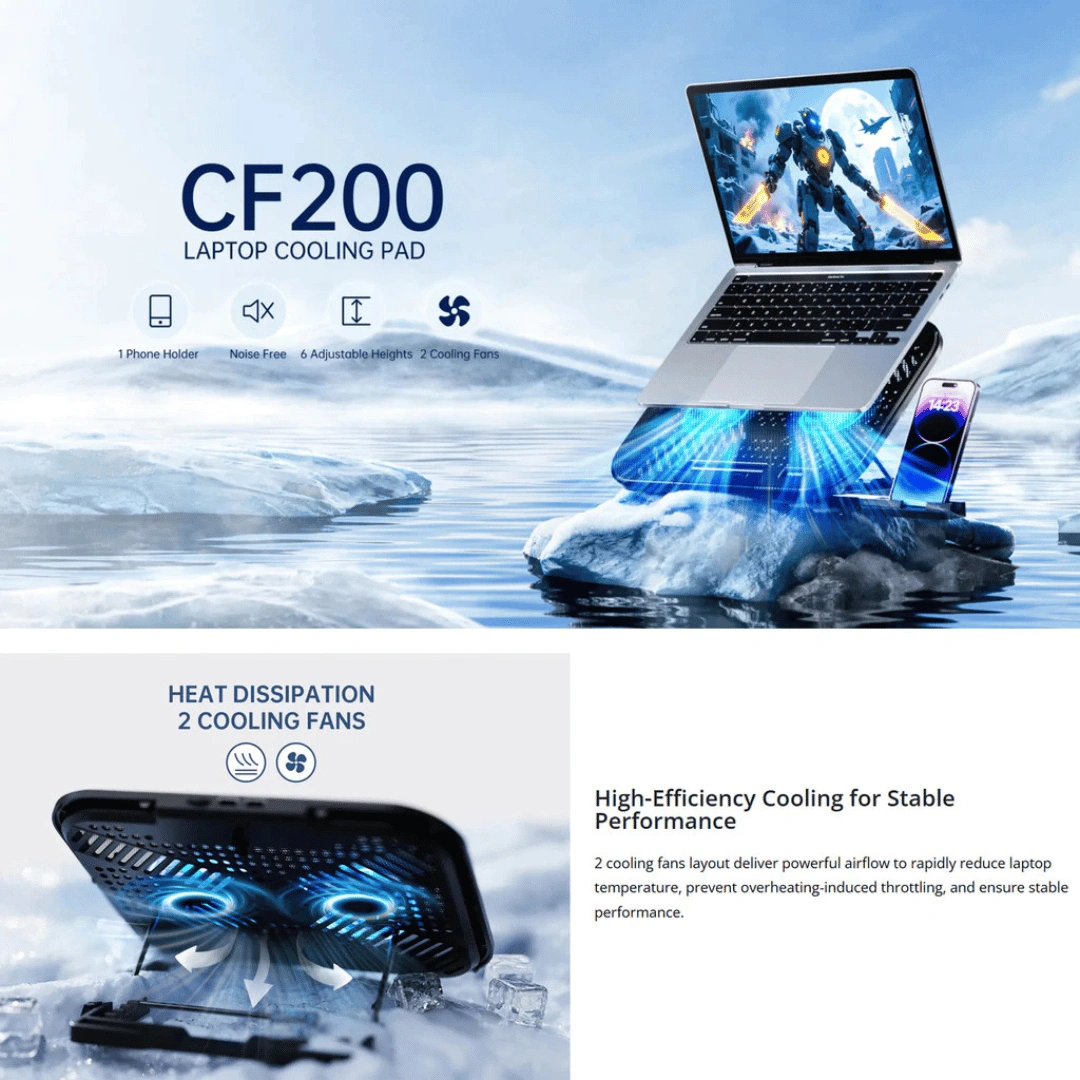 Rapoo CF200 Laptop Cooling Pad | Dual Cooling Fans | Adjustable Fan Speed | USB Powered | Ergonomic Stand Design | Quiet Operation | Universal Laptop Compatibility - Image 4