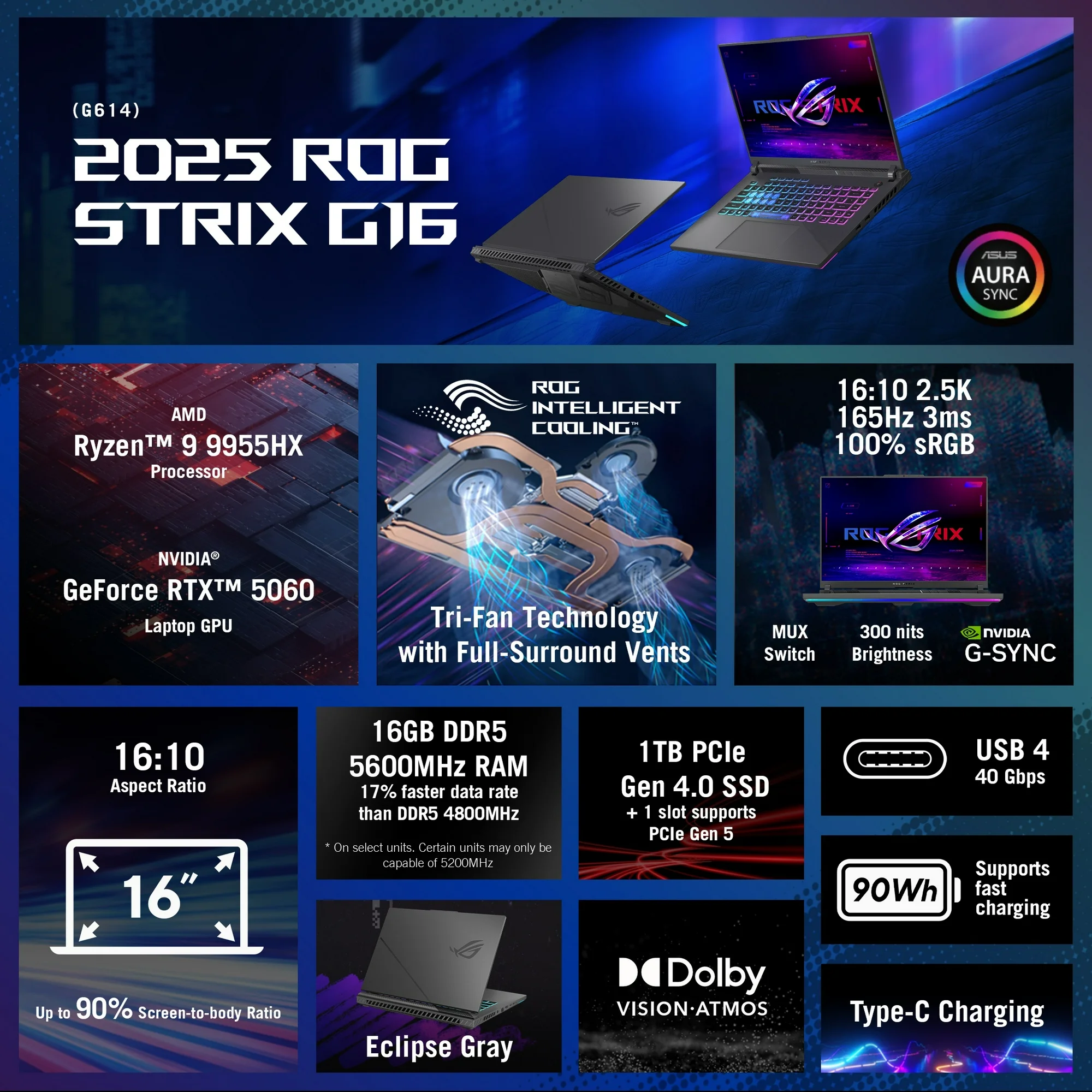 ASUS ROG Strix G16 G614FM-WS94 | AMD Ryzen 9 9955HX | 16GB RAM | 1TB SSD | 16" 165Hz Display | NVIDIA RTX 5060 8GB | RGB Keyboard | Eclipse Grey - Image 7