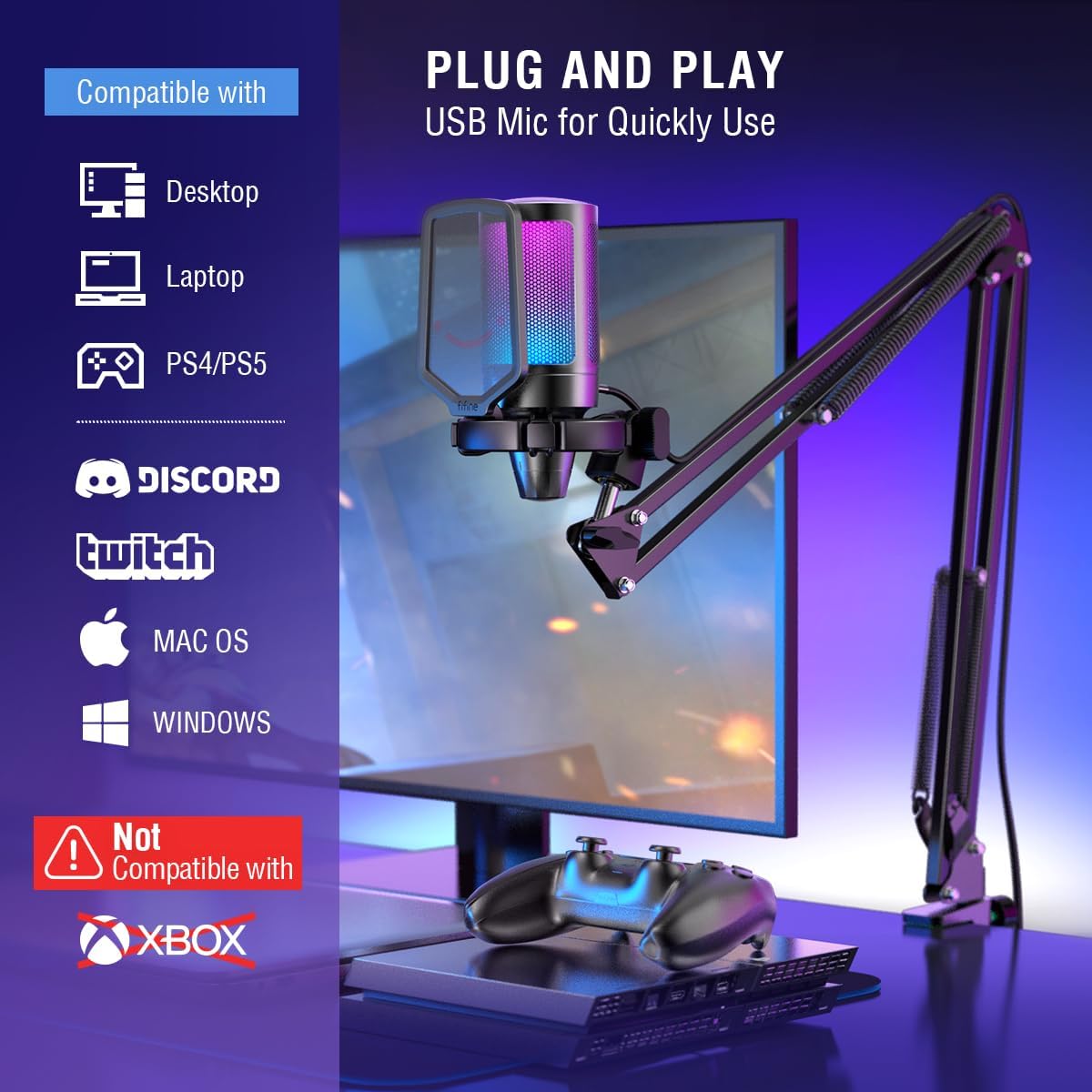 FIFINE AmpliGame A6T | USB Condenser Gaming Microphone | Cardioid Polar Pattern | RGB Lighting | Plug & Play | Boom Arm Stand | Pop Filter | Shock Mount | Mute Button | Gain Knob - Image 5