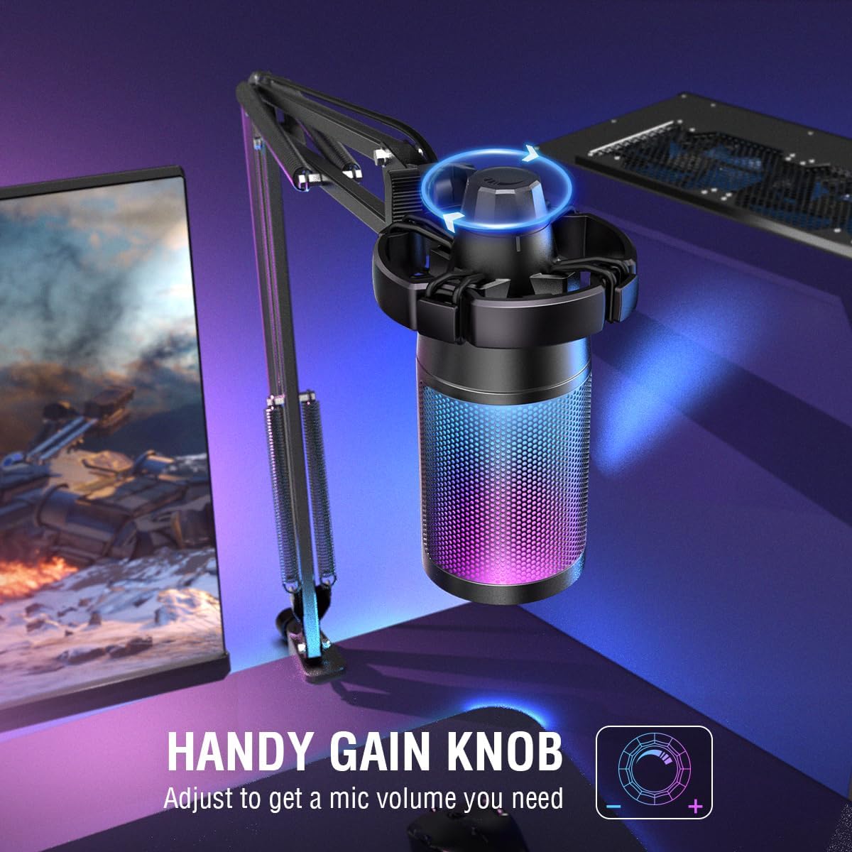 FIFINE AmpliGame A6T | USB Condenser Gaming Microphone | Cardioid Polar Pattern | RGB Lighting | Plug & Play | Boom Arm Stand | Pop Filter | Shock Mount | Mute Button | Gain Knob - Image 4