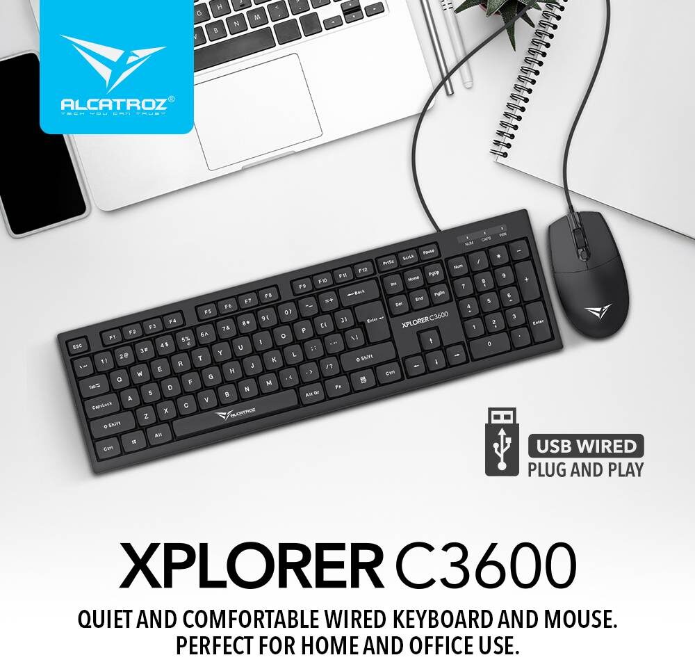 Alcatroz Xplorer C3600 Wired Keyboard & Mouse Combo | USB Wired Connectivity | 2400 CPI Optical Sensor Mouse | Full-Size Keyboard with 104 Keys | UV-Coated Keycaps | Up to 5 Million Keystrokes Durability - Image 2