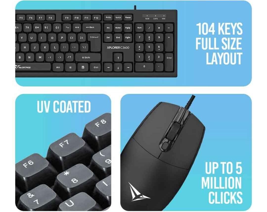 Alcatroz Xplorer C3600 Wired Keyboard & Mouse Combo | USB Wired Connectivity | 2400 CPI Optical Sensor Mouse | Full-Size Keyboard with 104 Keys | UV-Coated Keycaps | Up to 5 Million Keystrokes Durability - Image 4