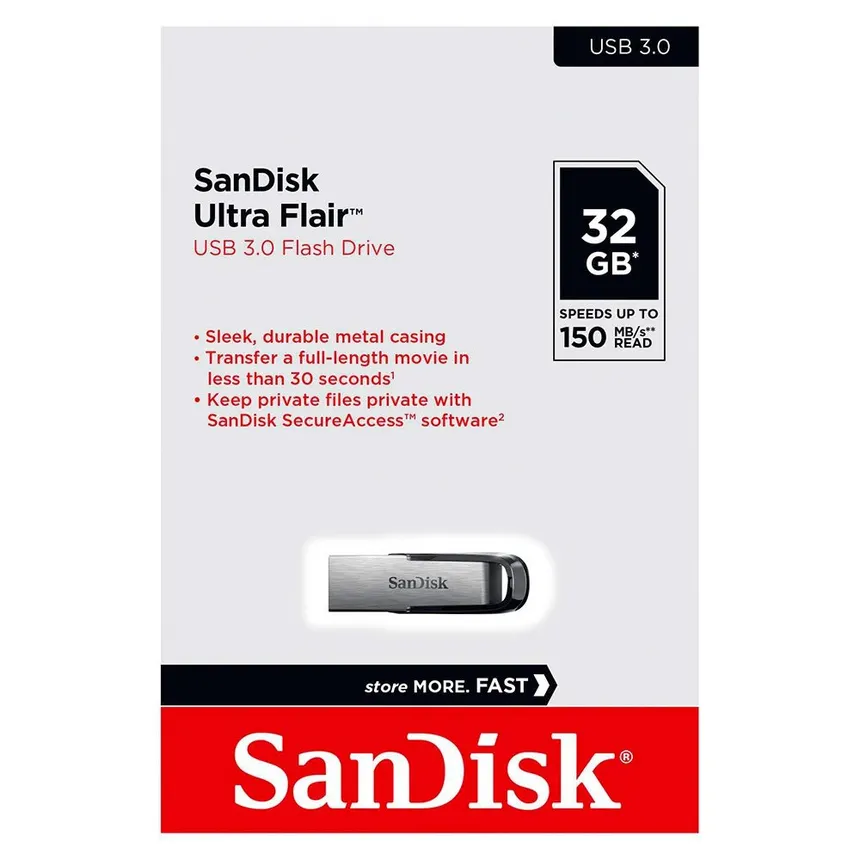 SanDisk Ultra Flair USB 3.0 Flash Drive | 32GB/64GB | Up to 150MB/s Read | Durable Metal Casing | Capless Design | SanDisk SecureAccess Encryption - Image 2
