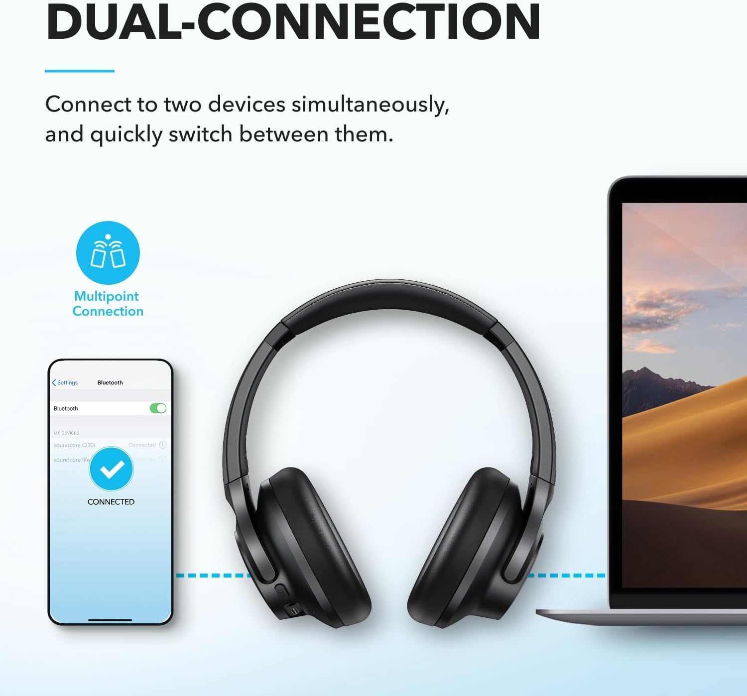 Soundcore by Anker Q20i Hybrid Active Noise Cancelling Headphone | Over-Ear Bluetooth 5.0 Wireless Headset | 40mm Dynamic Drivers with BassUp Technology | Multipoint Connection - Image 5