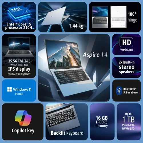 Acer Aspire 14 Laptop | AS14H 53 Intel Core 5 210H | 16GB RAM | 512GB NVMe SSD | Intel Integrated Graphics | 14" FHD Display | Backlit Keyboard | Windows 11 Home - Image 4