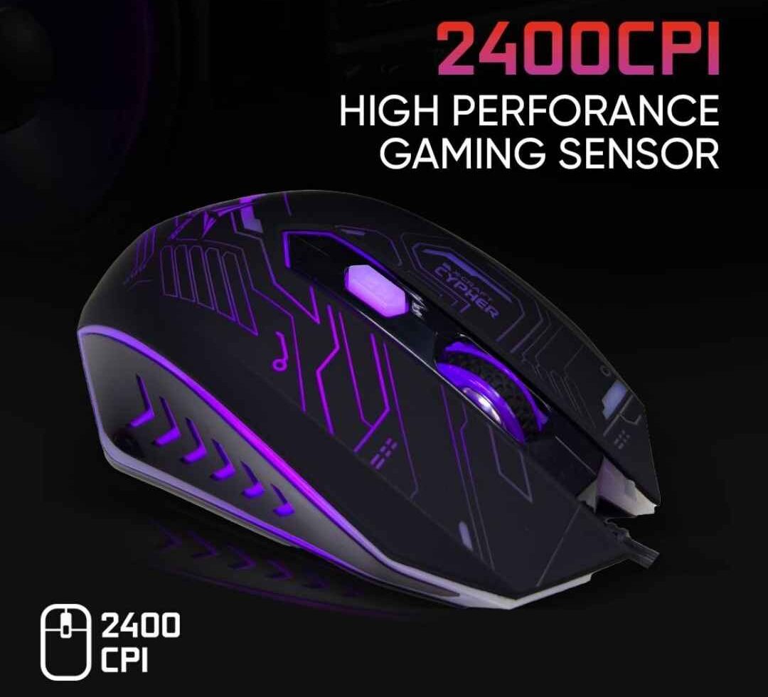 Alcatroz X-Craft Cypher Gaming Mouse | 2400 CPI Optical Sensor | 4 Buttons | 7-Color RGB Graphic Lighting | Ergonomic Design with Rubberized Finish & Teflon Feet - Image 2