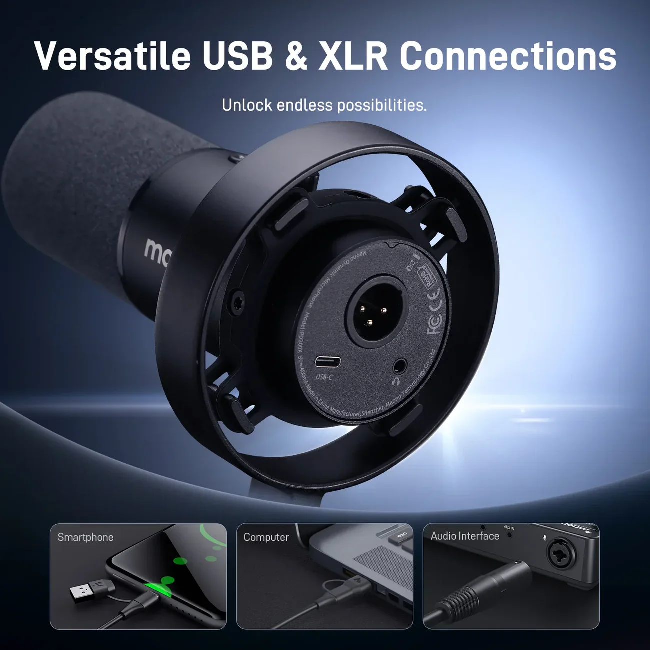 MAONO PD300X USB/XLR Dynamic Microphone with BA37 Boom Arm | Cardioid Pickup | 24-bit/192kHz Audio | USB-C & XLR Connectivity | Noise Reduction | Zero-Latency Monitoring - Image 6
