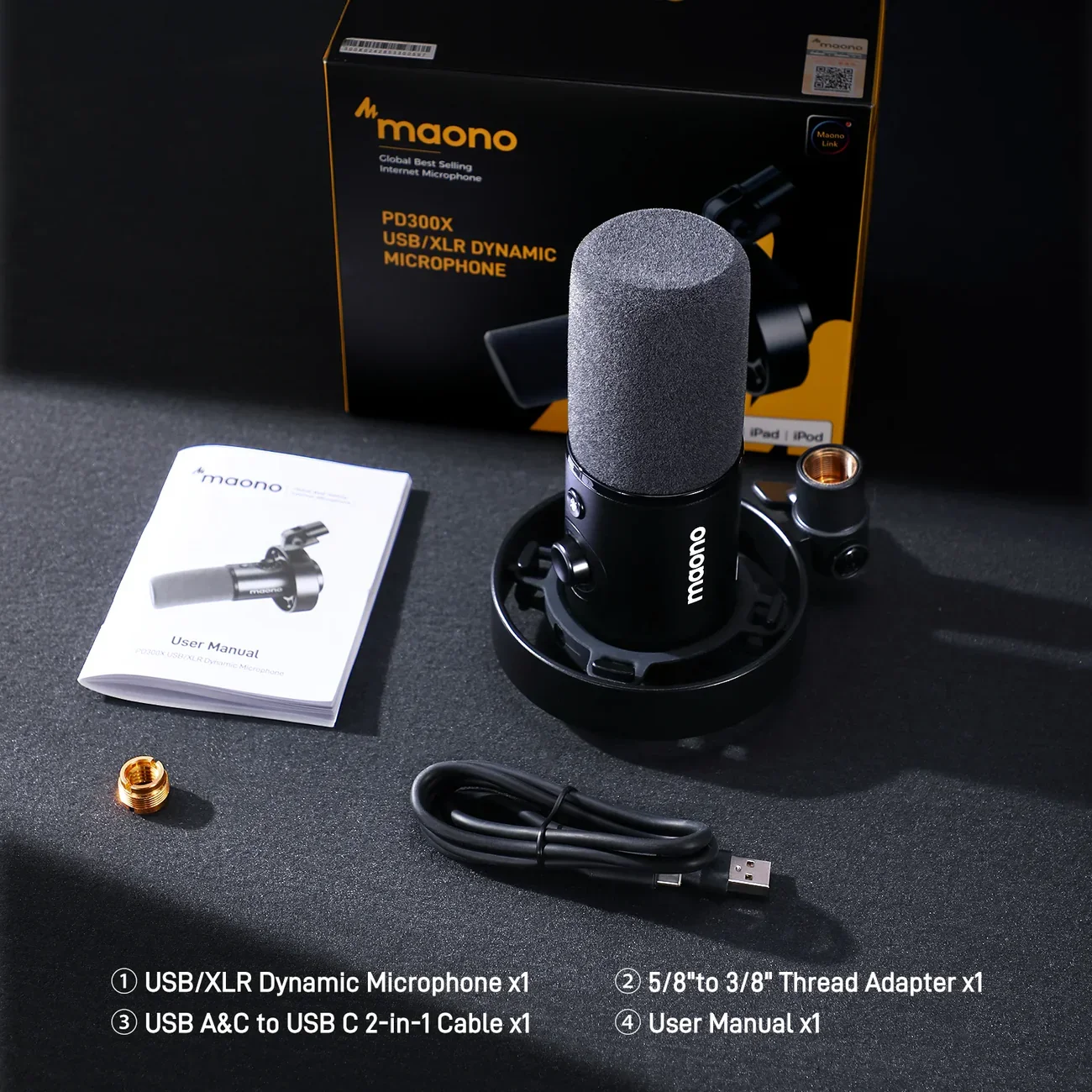 MAONO PD300X USB/XLR Dynamic Microphone with BA37 Boom Arm | Cardioid Pickup | 24-bit/192kHz Audio | USB-C & XLR Connectivity | Noise Reduction | Zero-Latency Monitoring - Image 7