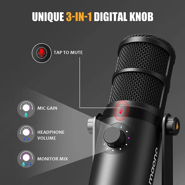 MAONO PD400X USB/XLR Dynamic Microphone | 360° Adjustable | Cardioid Polar Pattern | USB-C & XLR Connectivity | Dynamic Capsule | Zero-Latency Monitoring | Touch Mute & 3-in-1 Digital Control Knob - Image 4