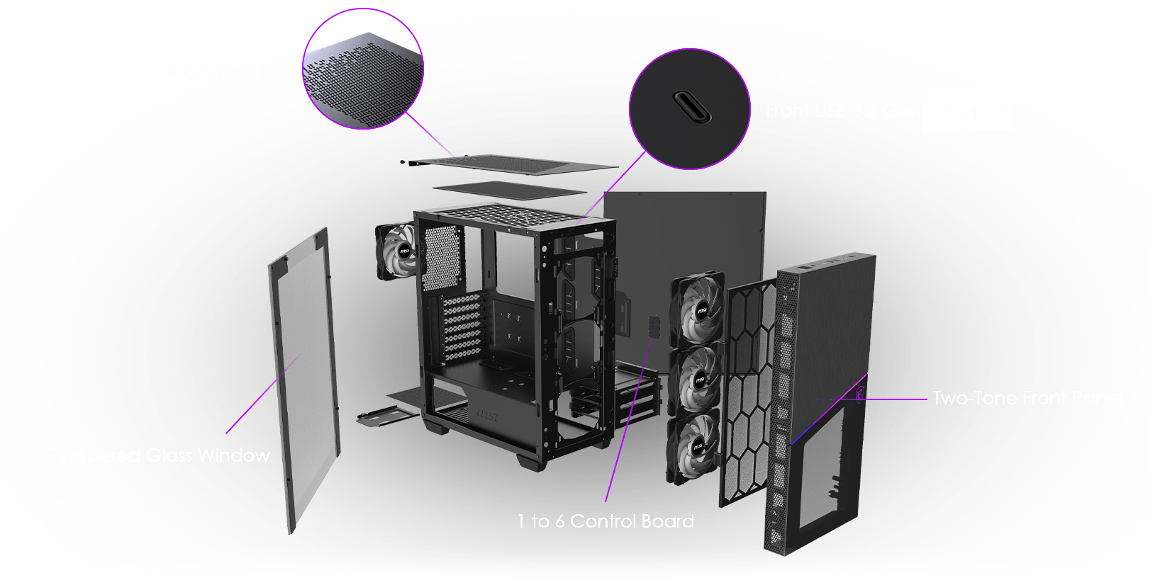 MSI MPG SEKIRA 100R Mid-Tower ARGB Gaming Case | Tempered Glass Panel | USB Type-C | ATX Support | 340mm GPU Clearance | Magnetic Dust Filters - Image 5