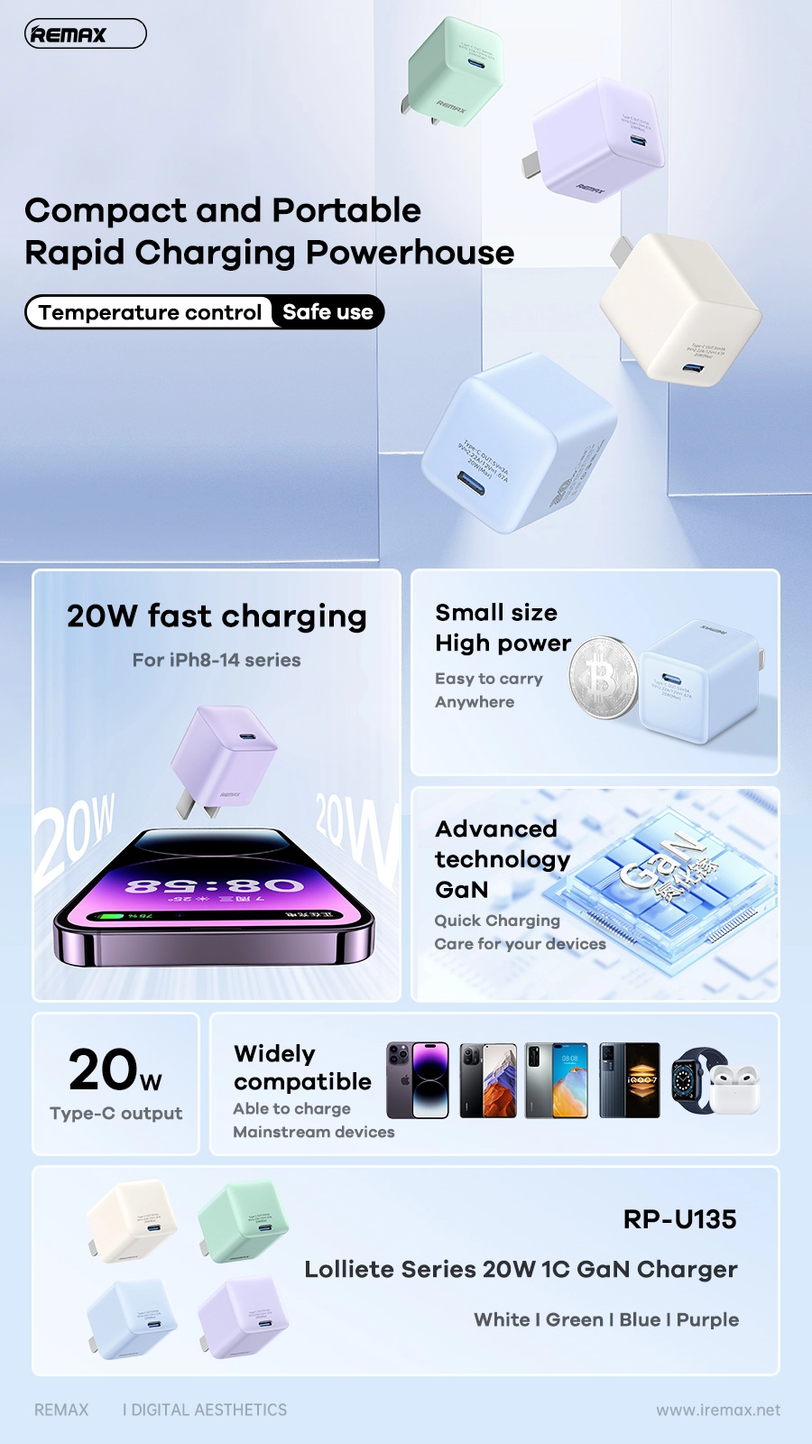 Remax RP-U135 Lolliete 20W GaN Fast Charger | Type C Output | Compact & Portable Design | Hardcore 20W Fast Charging | Black Technology Gallium Nitride (GaN) Chip - Image 2