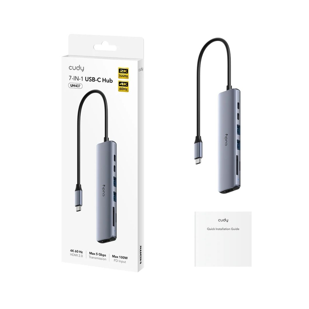 Cudy UH407 Type-C 7-in-1 Hub | 4K@60Hz HDMI | 2x USB-A 3.0 + 1x USB-C Data | USB-C PD Input | SD & TF Card Slots (Simultaneous) | USB-C 3.2 Gen 1 Interface | Aluminum Alloy + ABS Material - Image 4