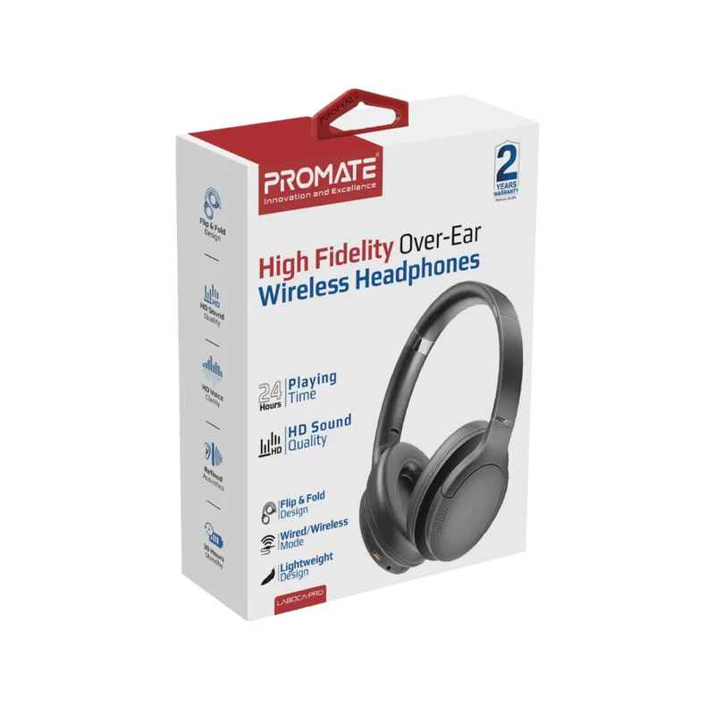 Promate LaBoca-Pro | Hi-Fidelity Over-Ear Headphones | Bluetooth 5.3 & Wired Mode | 300mAh Battery | 24-Hour Playtime | Built-in Microphone | Foldable Design - Image 5