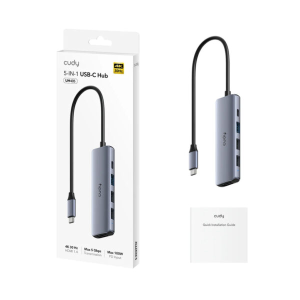 Cudy UH405 Type-C 5-in-1 Hub | 4K@30Hz HDMI | 1x USB 3.0 + 2x USB 2.0 | USB-C PD Input (Up to 100W) | Aluminum Alloy + ABS Build | USB-C 3.2 Gen 1 Interface - Image 4