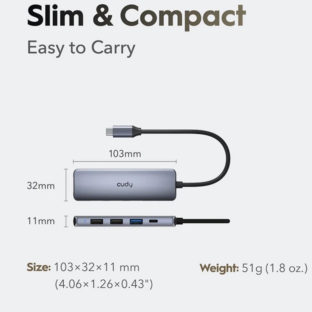 Cudy UH405 Type-C 5-in-1 Hub | 4K@30Hz HDMI | 1x USB 3.0 + 2x USB 2.0 | USB-C PD Input (Up to 100W) | Aluminum Alloy + ABS Build | USB-C 3.2 Gen 1 Interface - Image 3