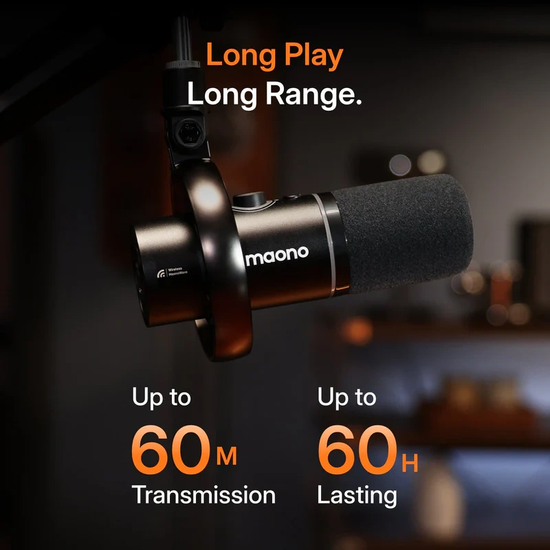MAONO PD200W Wireless Dynamic Microphone | Dynamic Capsule | Cardioid Polar Pattern | Bidirectional Wireless Transmission (Up to 60 m Range) | Mic Gain & Headphone Volume Controls | One-Touch Mute | Programmable RGB Lights - Image 4