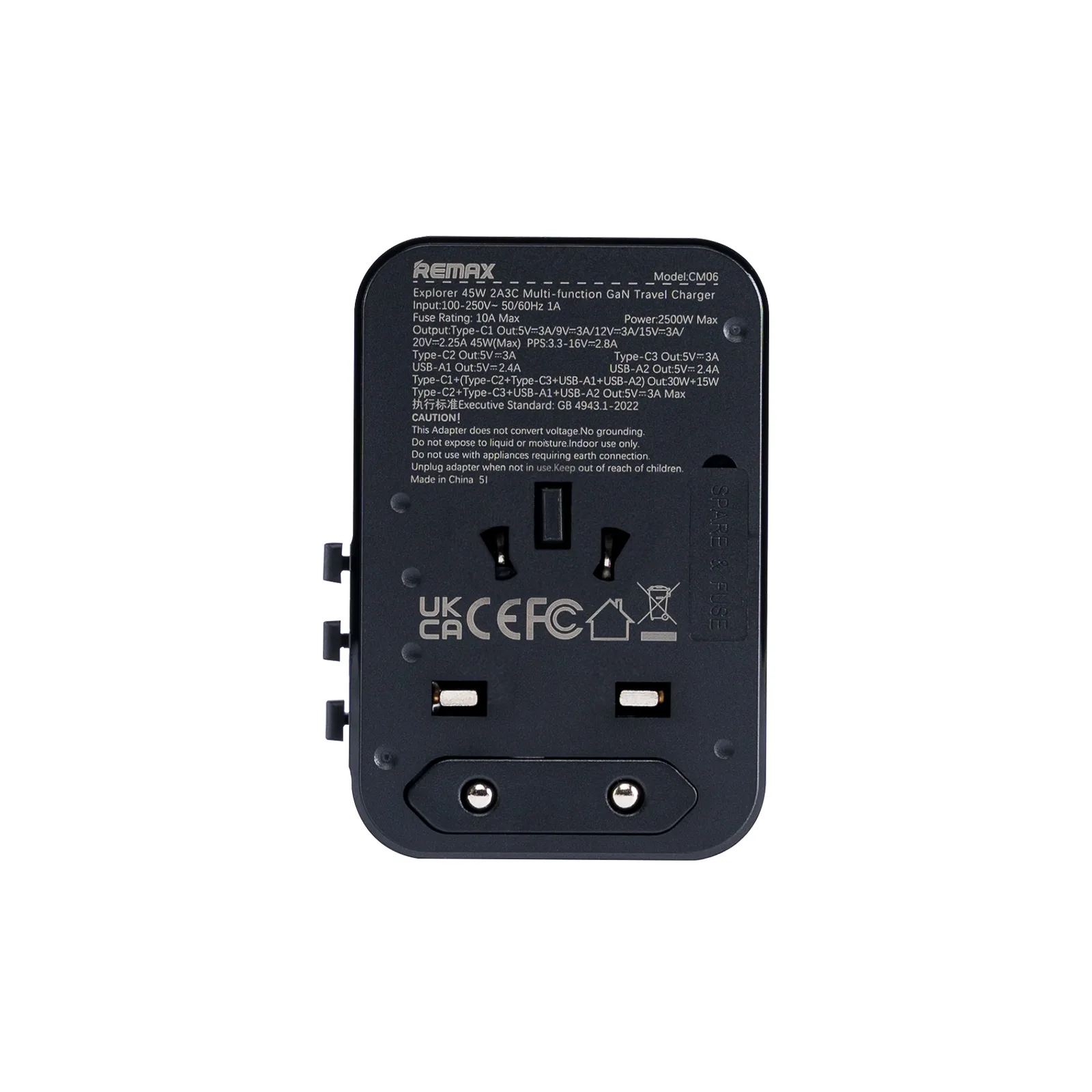 Remax CM06 Explorer 45W GaN Travel Charger | 3x USB-C, 1x USB-A & 1x AC Outlet Ports | 45W Max Power | GaN Technology | Wide Compatibility | Metal Accent Finish - Image 3