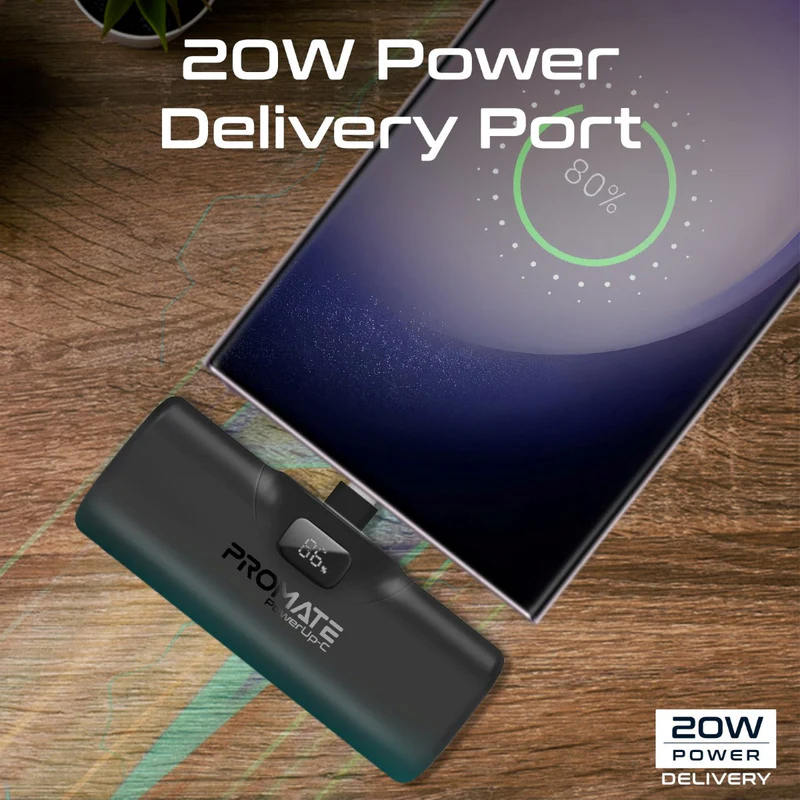 Promate POWERUP-C | Power Bank with Built-In USB-C Cable | 5000mAh Battery | 20W Fast Charging PD | LED Display | Foldable Kickstand - Image 3