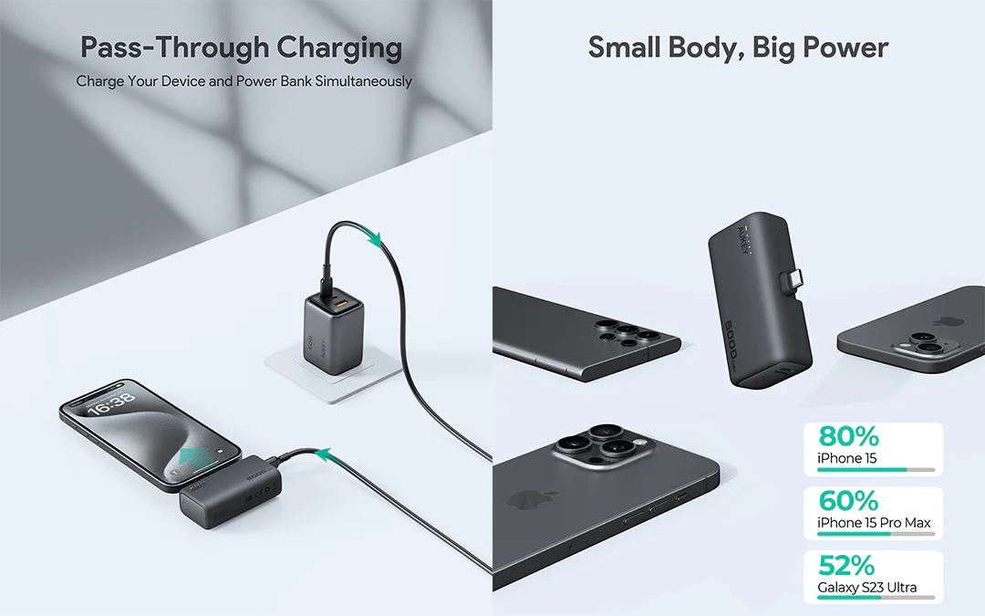 AUKEY PB-Y59 Spark Mini Portable Power Bank | 5000mAh Capacity | 22.5W Fast Charging | Built-in USB-C Port & Connector | Built-in Kickstand | Safe & Reliable - Image 2