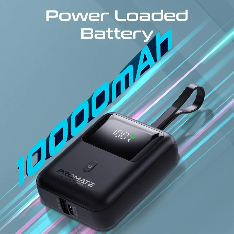 Promate PowerPod-10 | 35W SuperSpeed Power Bank | 10000mAh Battery with Built-In USB-C Cable | 35W USB-C PD + 18W USB-A QC 3.0 | LED Indicators | Ultra-Compact Design - Image 2
