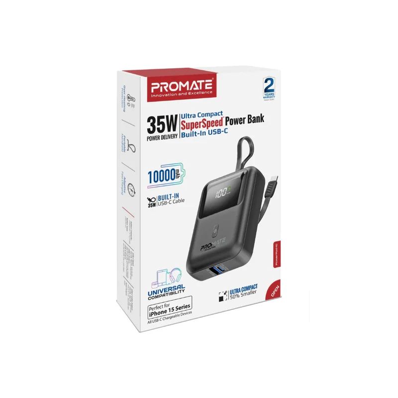 Promate PowerPod-10 | 35W SuperSpeed Power Bank | 10000mAh Battery with Built-In USB-C Cable | 35W USB-C PD + 18W USB-A QC 3.0 | LED Indicators | Ultra-Compact Design - Image 4