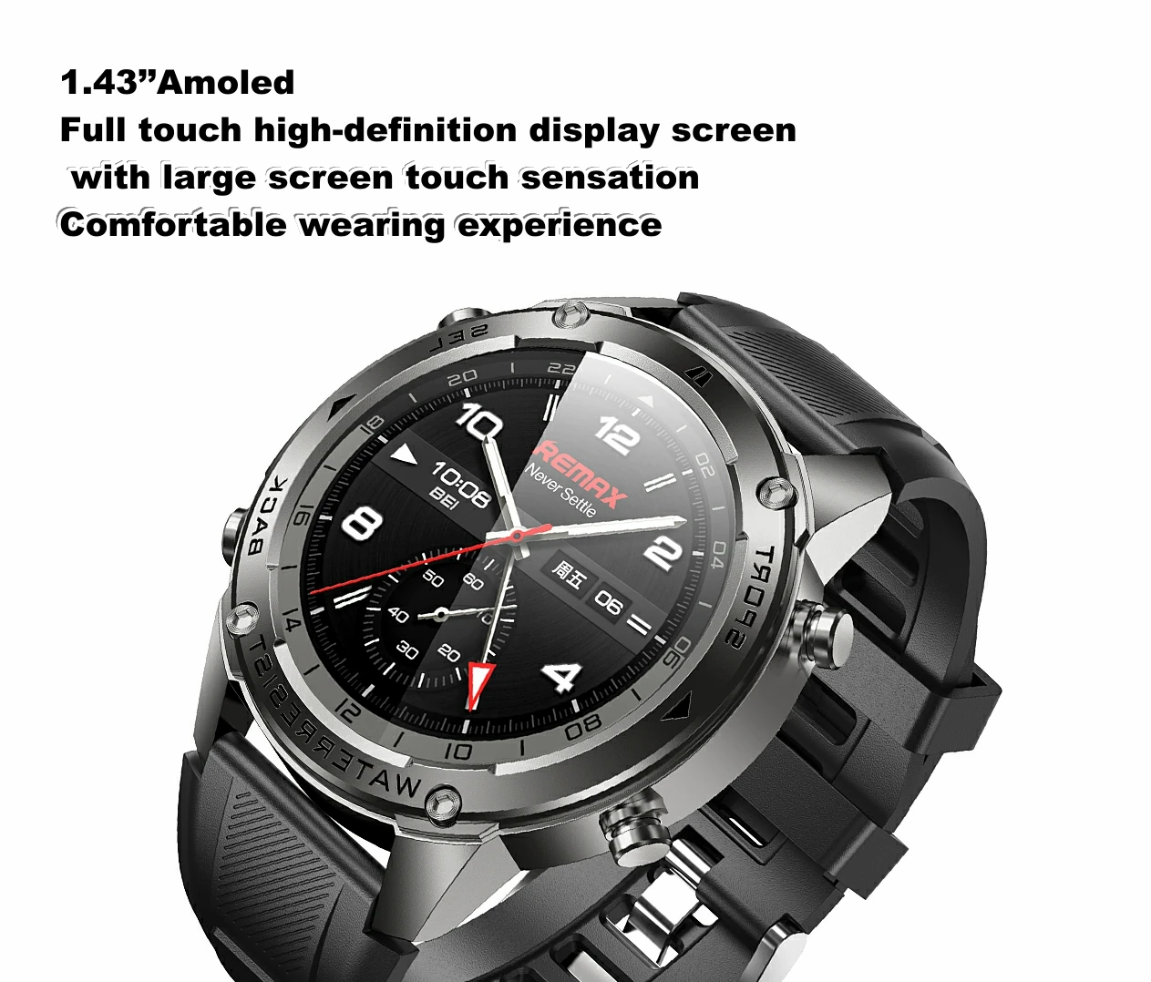 REMAX Watch18 Smartwatch | AT3085L Chip | 1.43-inch AMOLED Full Touch Display | 5ATM Deep Waterproof | GPS Positioning | 500mAh Battery (5-10 Days Life) | 170+ Sports Modes | 24-Hour Heart Rate Monitoring - Image 2