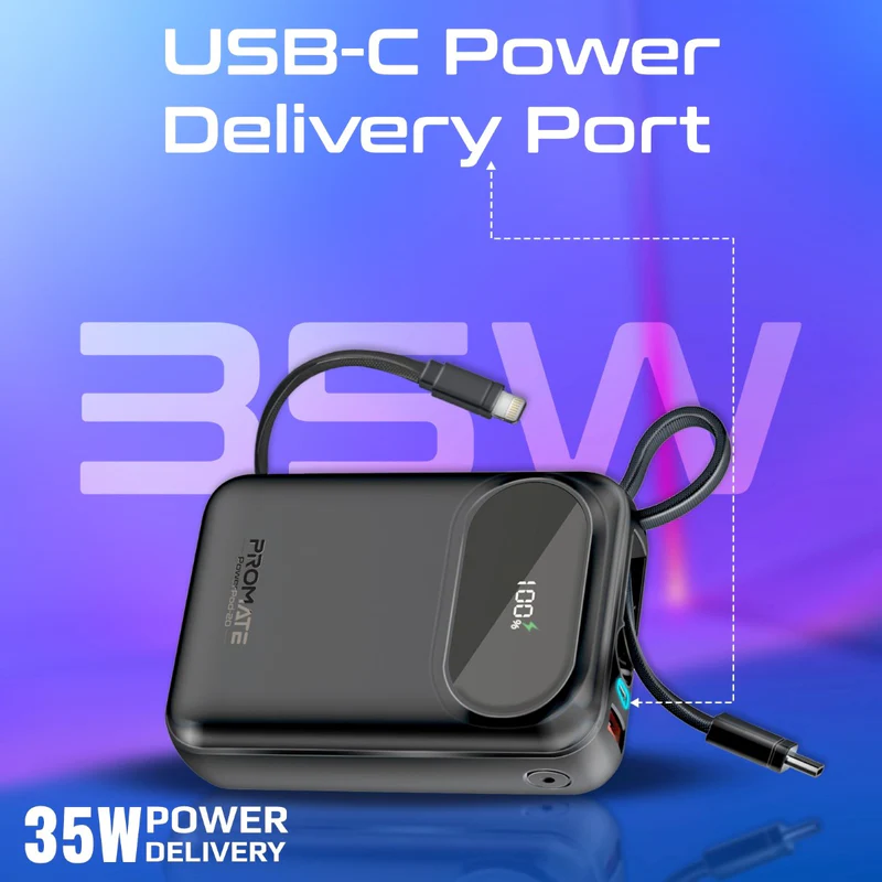 Promate PowerPod-20 | Universal Power Bank | 20000mAh with Built-In 35W USB-C & 27W Lightning Cables | LED Indicators | Ultra-Compact Design | Wide Compatibility - Image 3