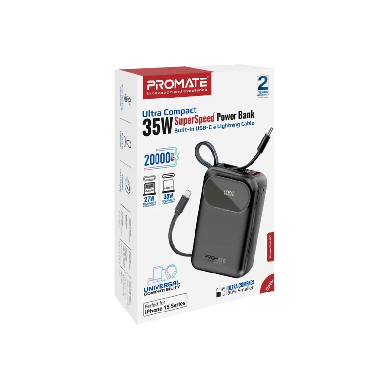 Promate PowerPod-20 | Universal Power Bank | 20000mAh with Built-In 35W USB-C & 27W Lightning Cables | LED Indicators | Ultra-Compact Design | Wide Compatibility - Image 4