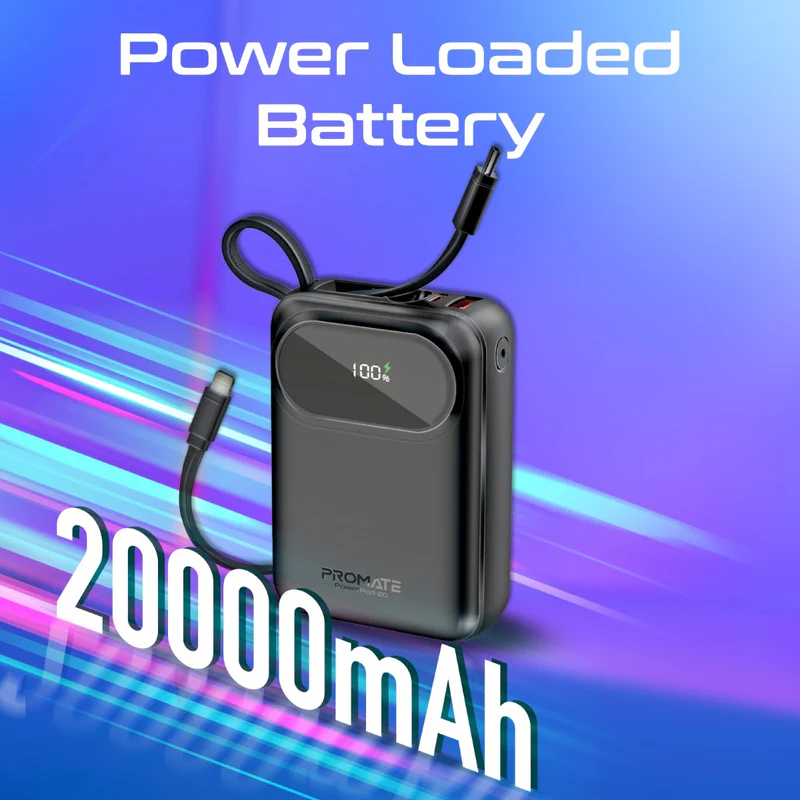 Promate PowerPod-20 | Universal Power Bank | 20000mAh with Built-In 35W USB-C & 27W Lightning Cables | LED Indicators | Ultra-Compact Design | Wide Compatibility - Image 2