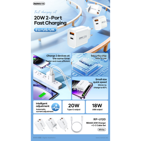 REMAX RP-U120 20W USB-C Charger & Cable Set | 20W Fast Charging | Includes Type-C to Type-C Cable | EU Plug | Compact Modern Design | Enhanced Safety | Universal Compatibility - Image 2