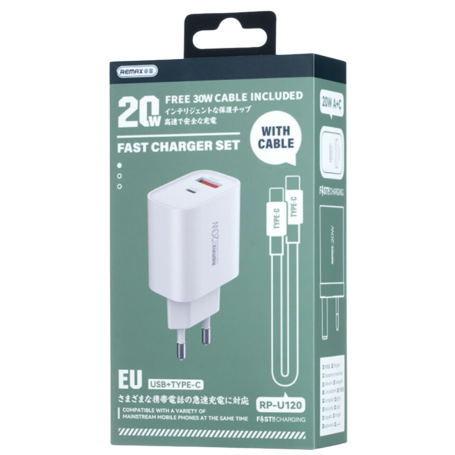 REMAX RP-U120 20W USB-C Charger & Cable Set | 20W Fast Charging | Includes Type-C to Type-C Cable | EU Plug | Compact Modern Design | Enhanced Safety | Universal Compatibility - Image 3