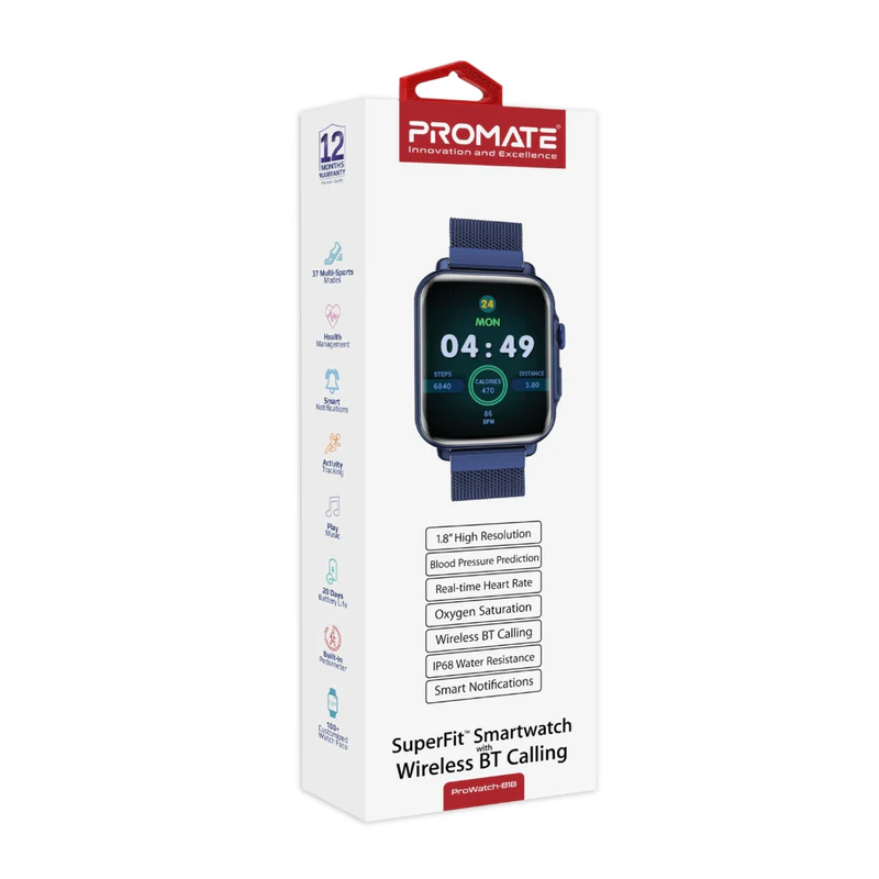 Promate ProWatch-B18 Smartwatch | 1.8" IPS Display | 15-20 Days Battery Health | IP68 Dust & Water Resistance | Bluetooth Calling | 37 Sports Modes | Compatible with Android & iOS - Image 5