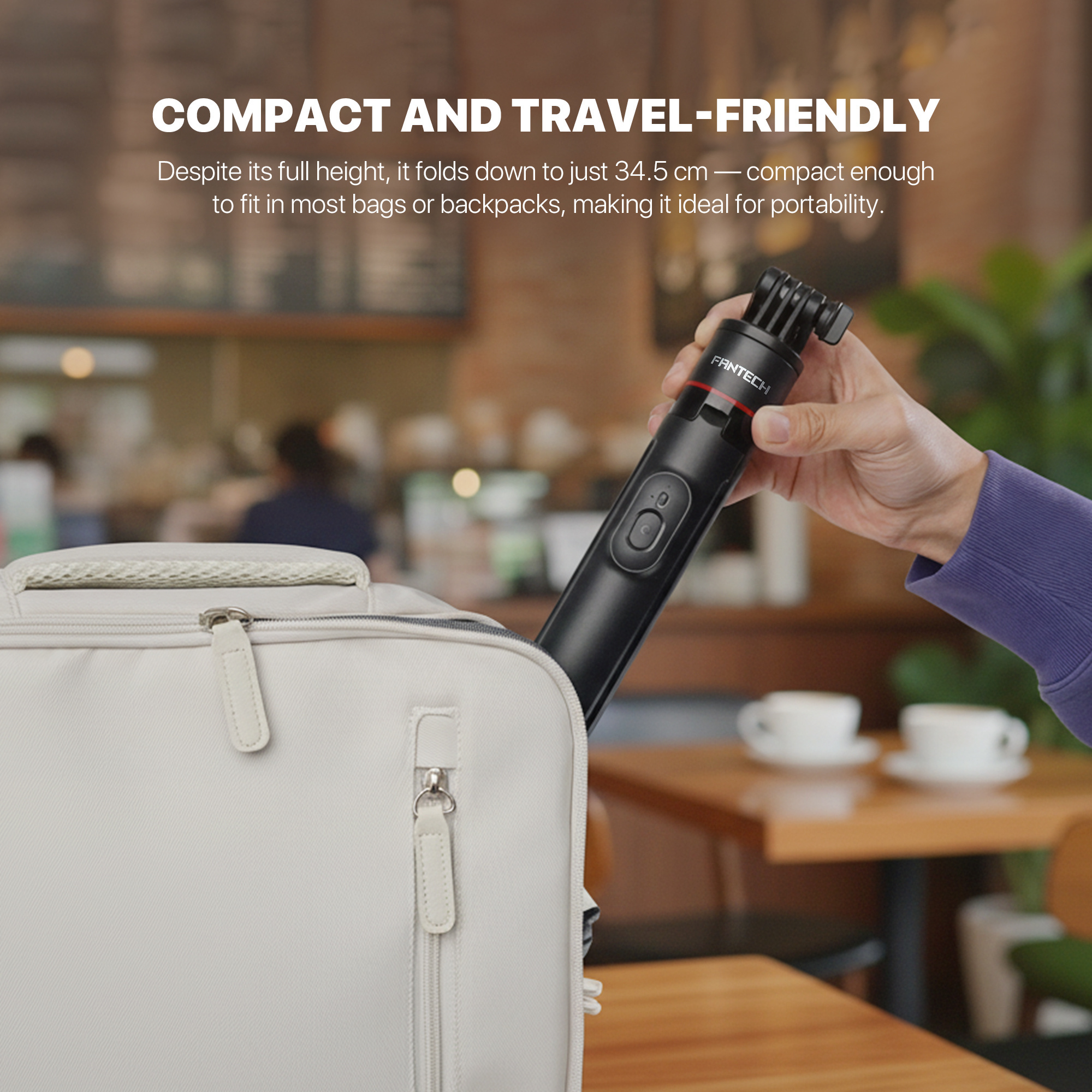 Fantech SS141 Selfie Stick & Tripod | Bluetooth 5.2 | 360° Swivel | Adjustable Height up to 41.5 cm | Aluminum & ABS Build | USB-C Rechargeable Remote Shutter | Quadpod Stand | Supports 65–93 mm Phones | Portable Design - Image 4