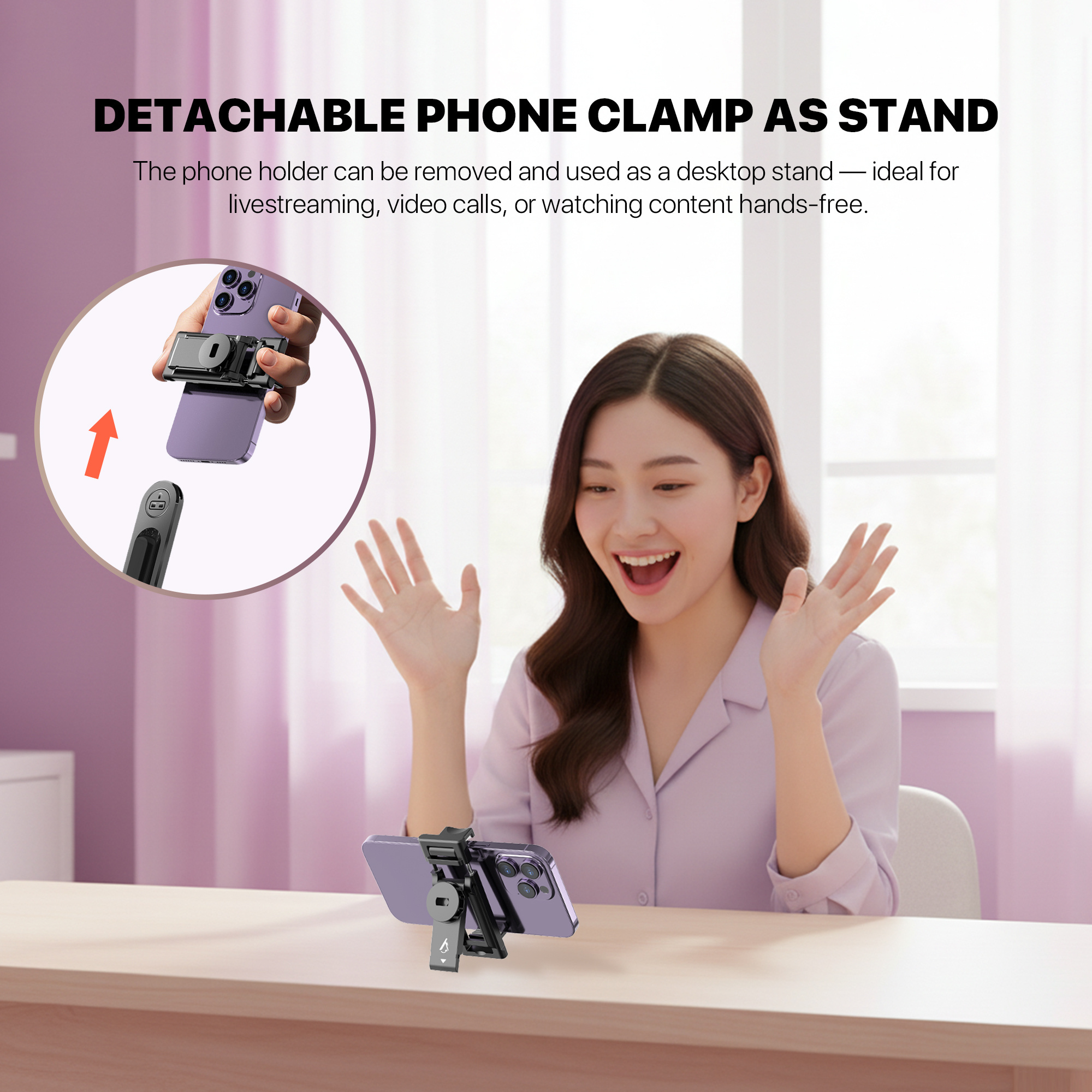 Fantech SS141 Selfie Stick & Tripod | Bluetooth 5.2 | 360° Swivel | Adjustable Height up to 41.5 cm | Aluminum & ABS Build | USB-C Rechargeable Remote Shutter | Quadpod Stand | Supports 65–93 mm Phones | Portable Design - Image 2