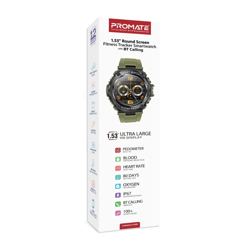 Promate XWATCH-R19 Smartwatch | 1.53” Round TFT Display | Bluetooth 5.1 with Speaker | 800mAh Battery | 80 Days Standby Time | IP67 Water-Resistance | E-Card Sharing | Wide Compatible - Image 5