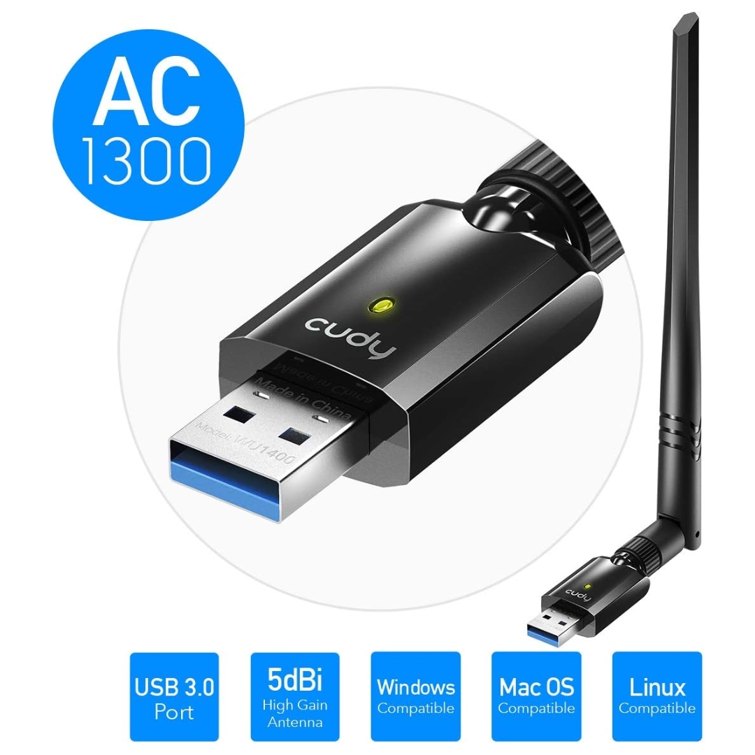 Cudy WU1400 AC1300 USB 3.0 Dual Band Wi-Fi Adapter | 5dBi High Gain Antenna | 5GHz: 867 Mbps, 2.4GHz: 400 Mbps | Compatible with Windows, macOS, Linux | Plug & Play - Image 2