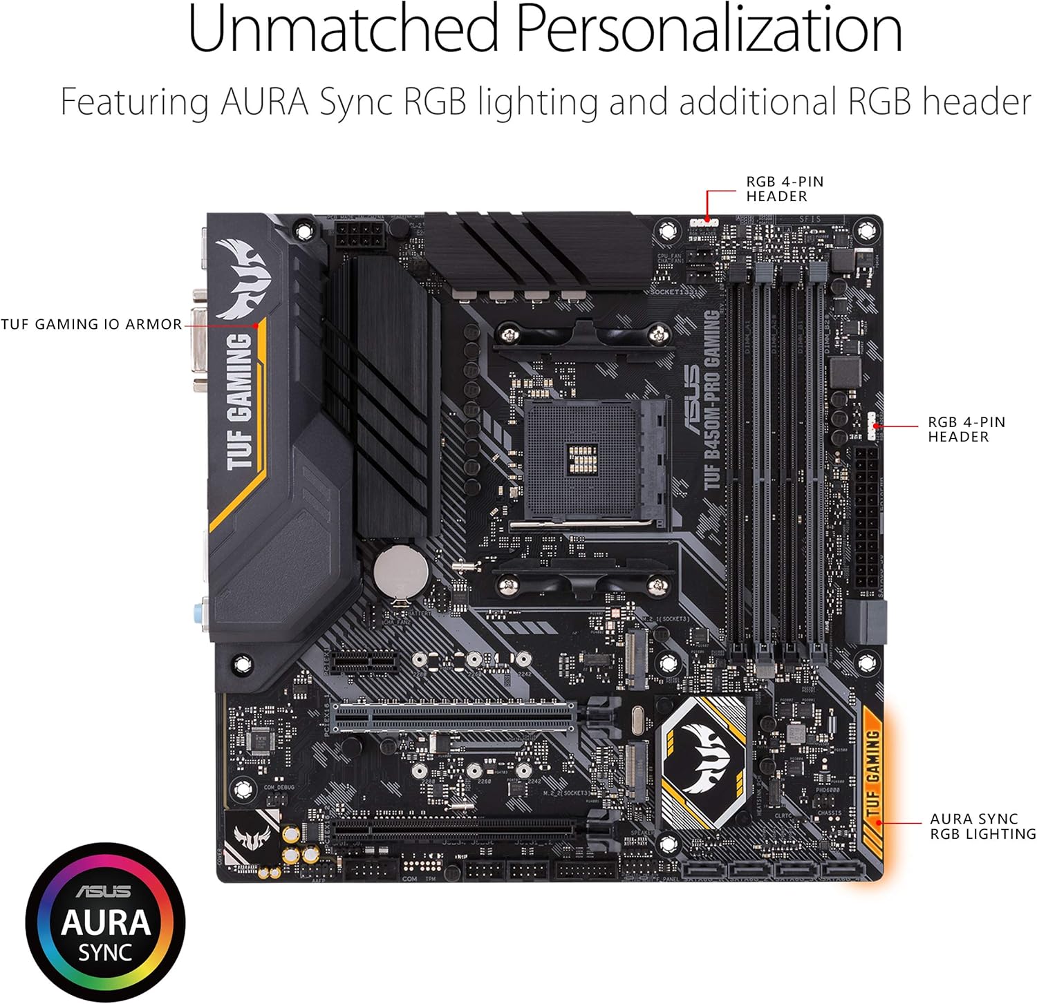 Asus TUF B450M-Pro Gaming Micro-ATX Motherboard | AMD AM4 Ryzen 3 Support | DDR4 | HDMI | Dual M.2 | USB 3.1 Gen 2 | Aura Sync RGB Lighting - Image 2