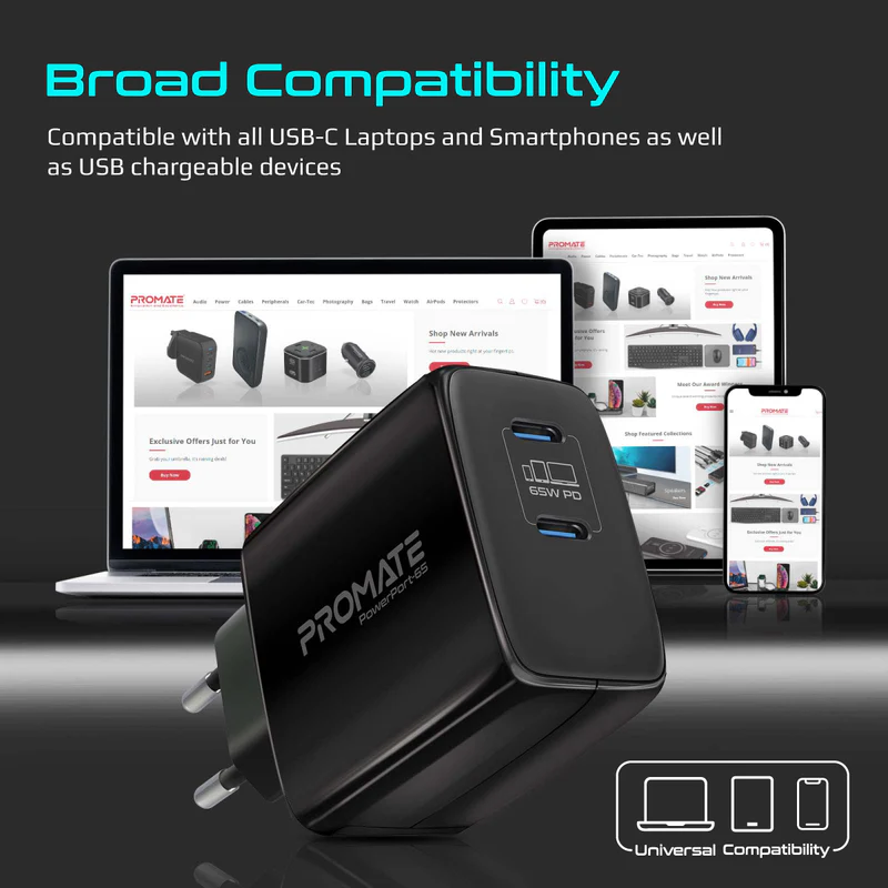 Promate 65W GaNFast Adapter | Dual USB-C PD Ports | 65W Super Fast Charging | 100-240V AC Input | 20V/3.25A Max (65W Total) Output| Wall Socket Design | Broad Compatibility - Image 3