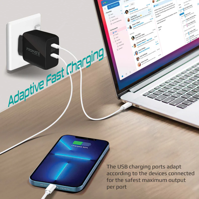 Promate 65W GaNFast Adapter | Dual USB-C PD Ports | 65W Super Fast Charging | 100-240V AC Input | 20V/3.25A Max (65W Total) Output| Wall Socket Design | Broad Compatibility - Image 2
