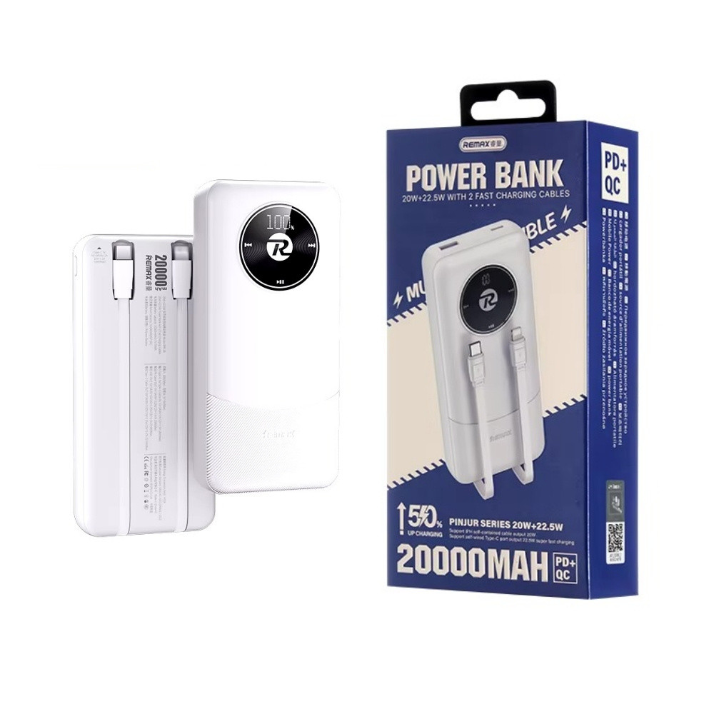 Remax RPP-382 20000mAh Power Bank | 20W + 22.5W Self-Contained Dual Fast Charging Cables |  Three Outputs & Two Inputs | LED Intelligent Digital Display | Long-Lasting Battery Life - Image 2