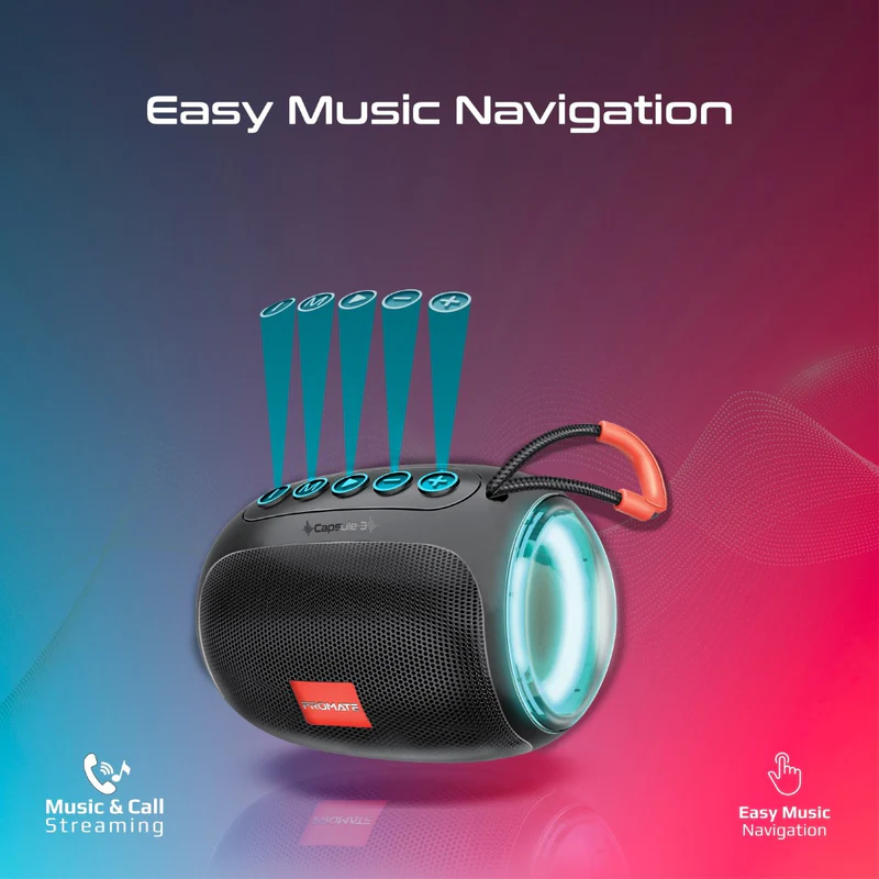 Promate Capsule-3 | Wireless Bluetooth Speaker with LED Lights | LumiFlux™ High-Definition | 5W Output | Bluetooth v5.3 | 10m Wireless Range | 6-Hour Playtime | Compact Design - Image 3