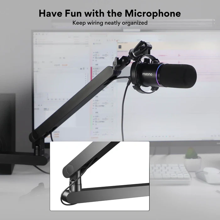 MAONO BA92 Aluminum Microphone Arm | Aluminium Alloy Construction | 360° Rotation & 95° Vertical Adjustment | Integrated Hidden Cable Management | Desk Clamp Mount | Standard 3/8" & 5/8" Thread Support - Image 2