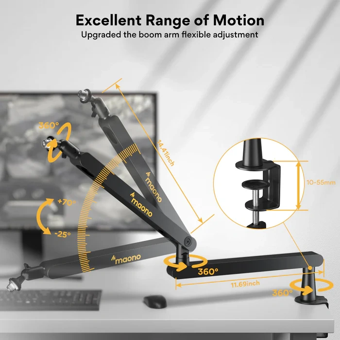 MAONO BA92 Aluminum Microphone Arm | Aluminium Alloy Construction | 360° Rotation & 95° Vertical Adjustment | Integrated Hidden Cable Management | Desk Clamp Mount | Standard 3/8" & 5/8" Thread Support - Image 3