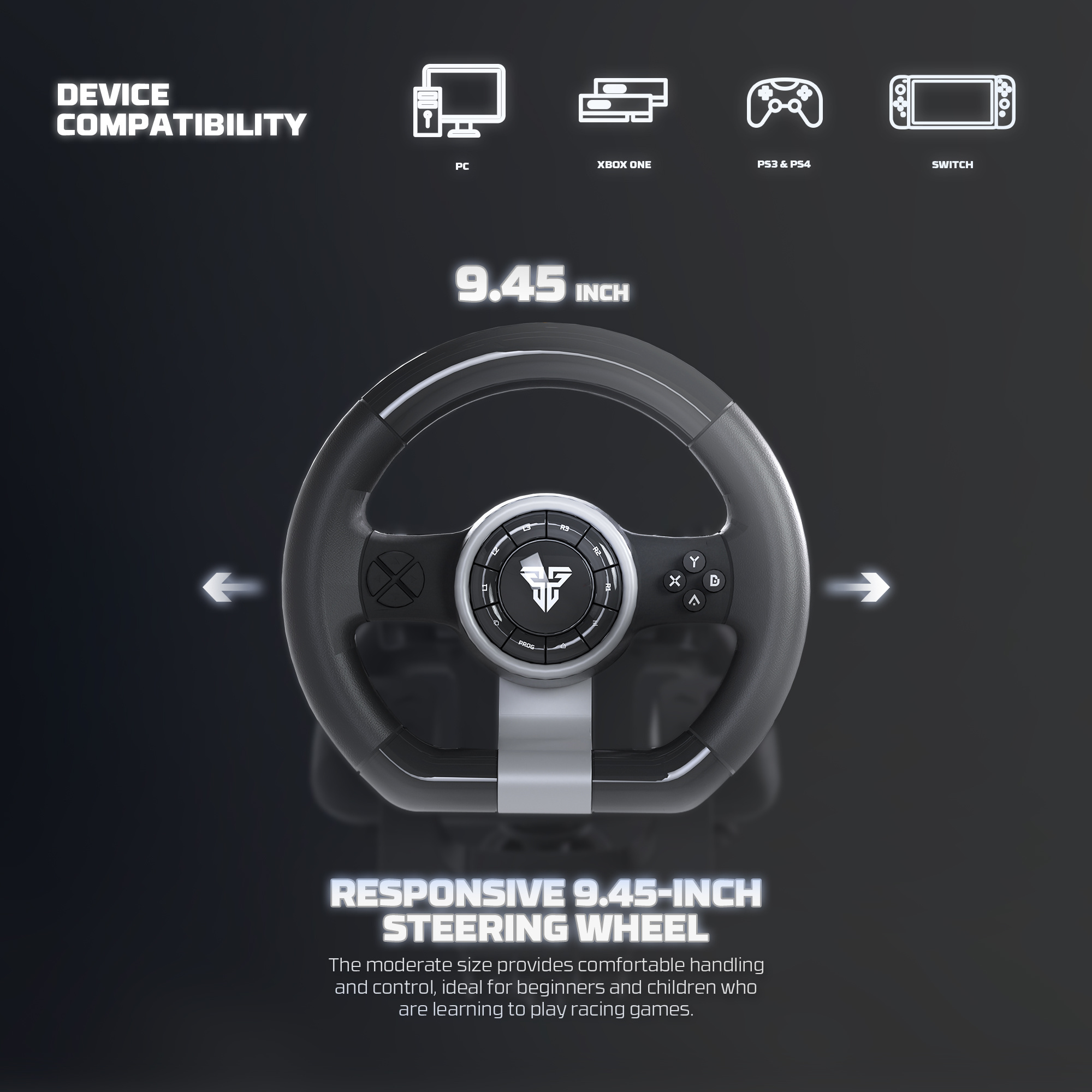Fantech R2 Racing Steering Wheel | Dual-Motor Vibration | 180° Rotation | 18 Buttons + D-Pad | 2 Pedals (Brake & Throttle) | Compatible with PC, PS3, PS4, Xbox One & Nintendo Switch - Image 4