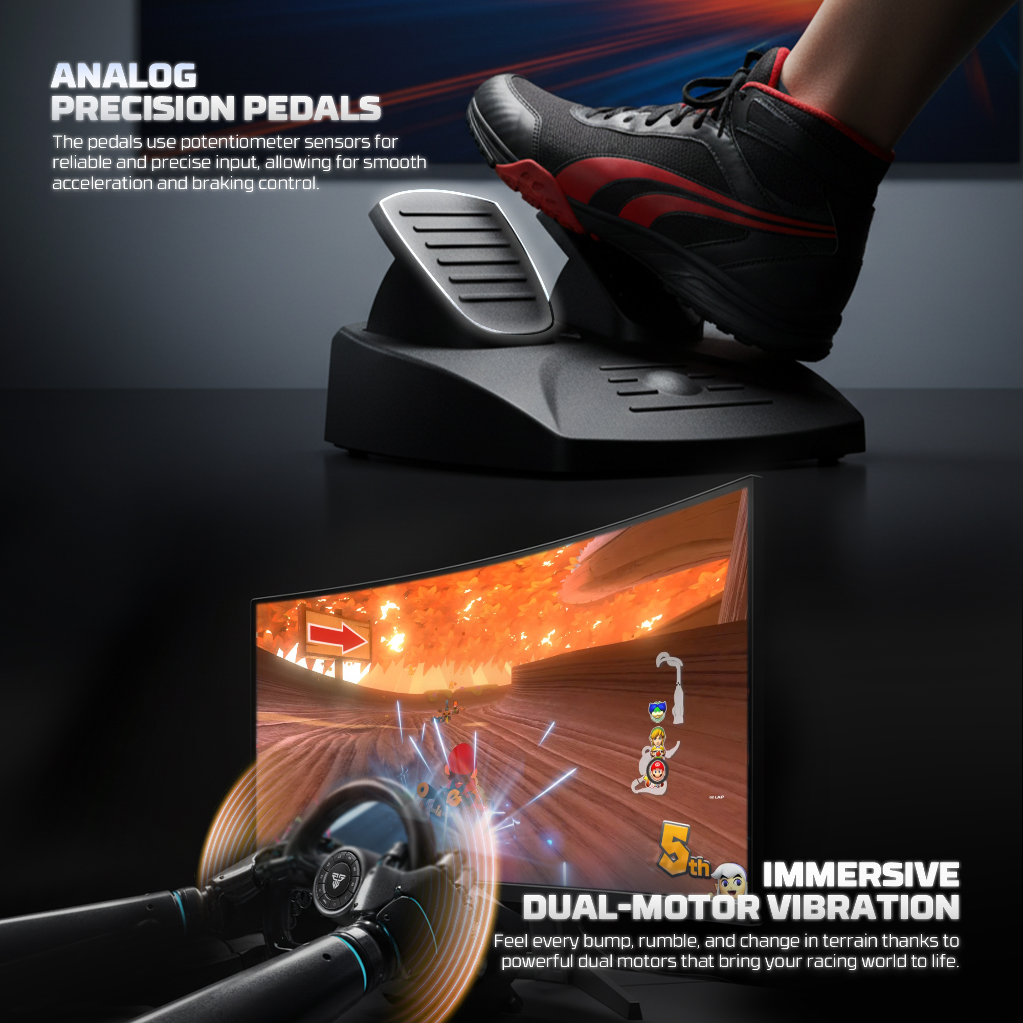 Fantech R2 Racing Steering Wheel | Dual-Motor Vibration | 180° Rotation | 18 Buttons + D-Pad | 2 Pedals (Brake & Throttle) | Compatible with PC, PS3, PS4, Xbox One & Nintendo Switch - Image 3